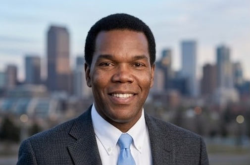 Ralph Simpson with the Denver skyline behind him